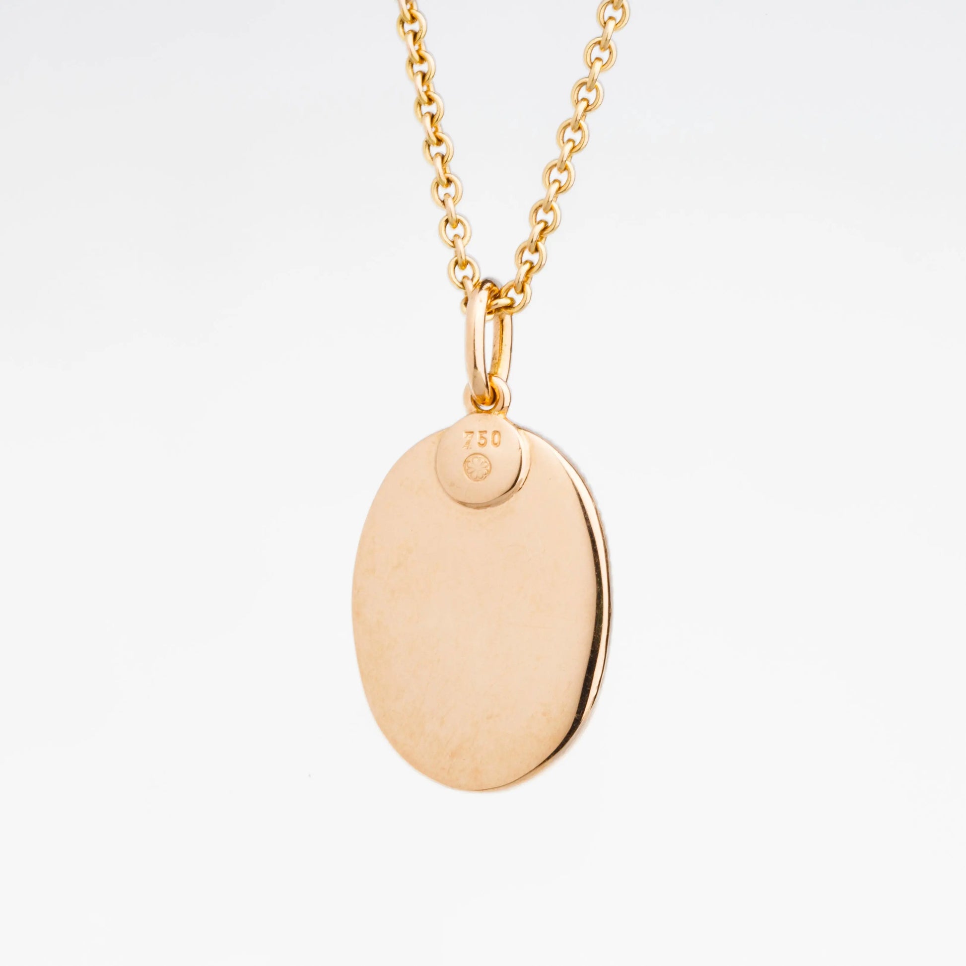 Rückwärtige Ansicht: glatte Medallionoberfläche - Anhänger "Lyraspielerin" in 750er Rosegold